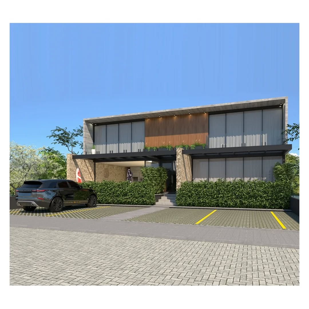 Fachada frontal residencial com acesso e paisagismo