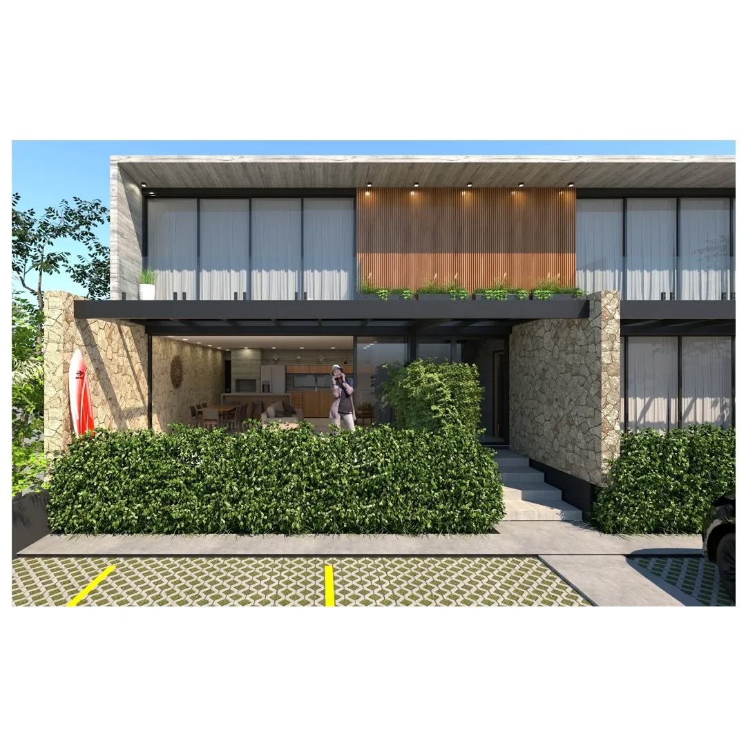 Detalhe de fachada residencial com esquadrias e pedra
