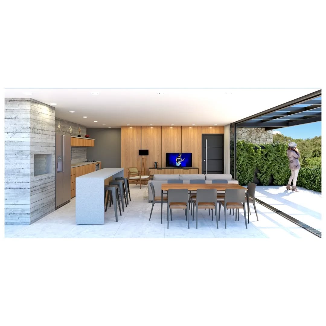 Sala integrada à cozinha, com madeira e pedra natural