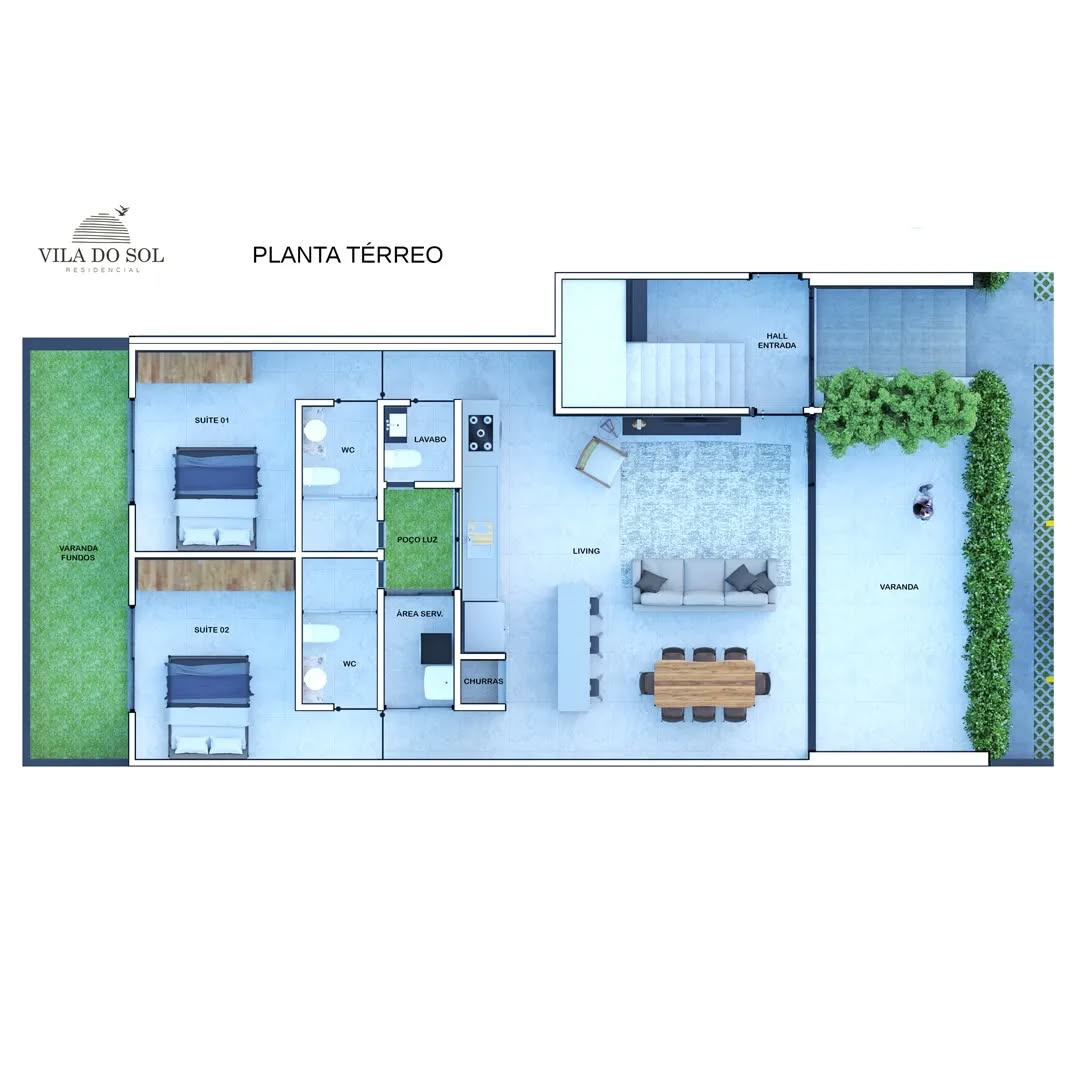 Planta superior com suítes, sala e varanda