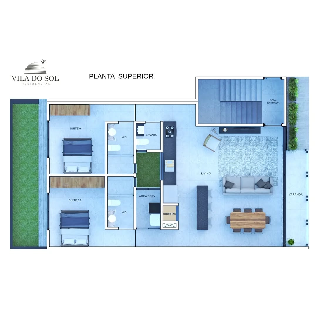 Vista aérea com implantação residencial e entorno