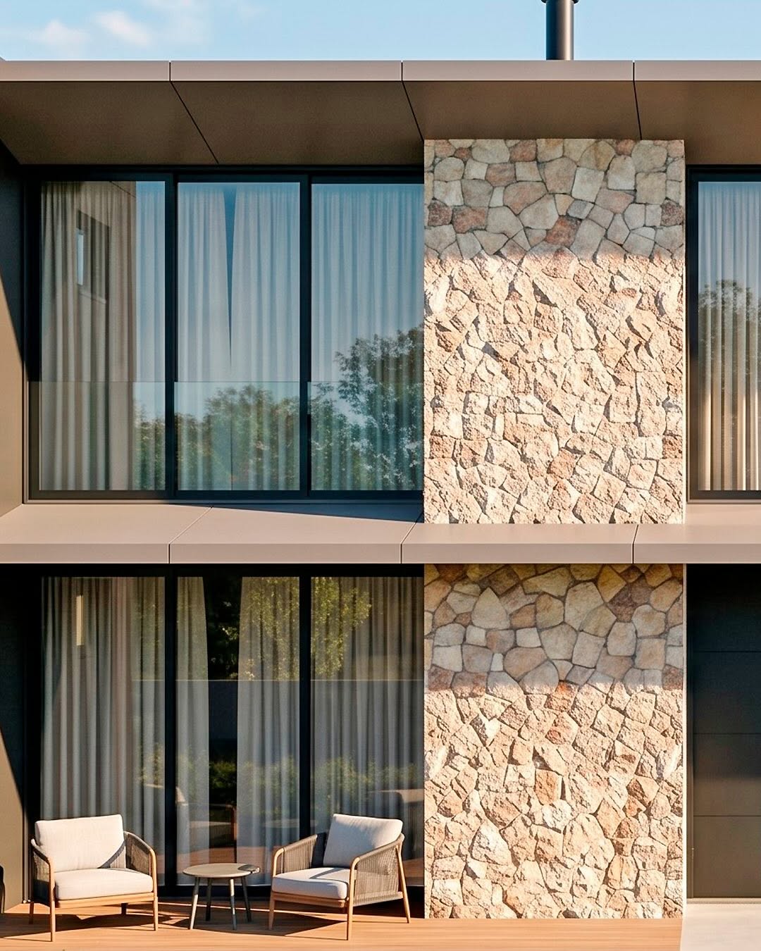 Fachada residencial com madeira, pedra, concreto e jardim