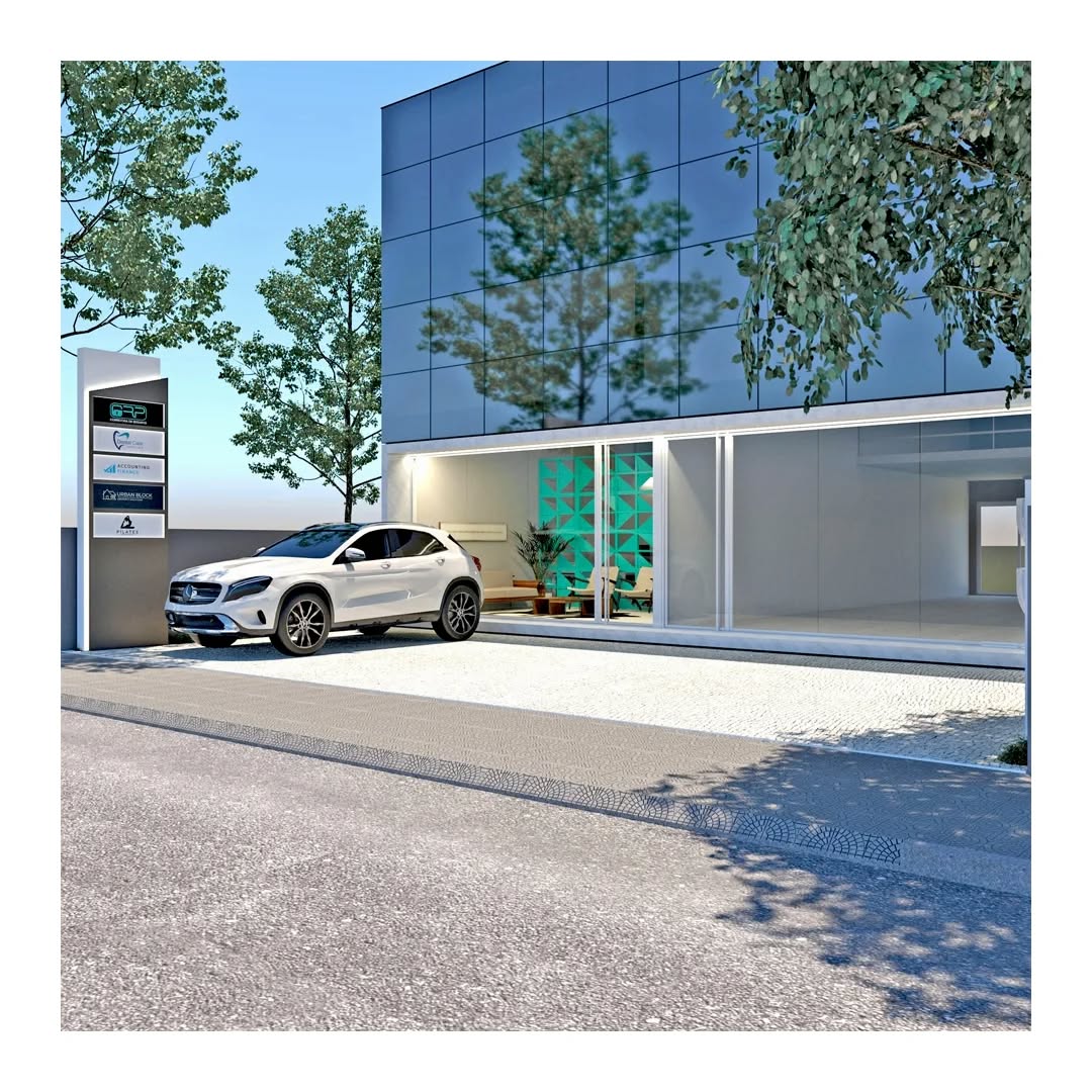 Fachada frontal de edifício comercial com paisagismo