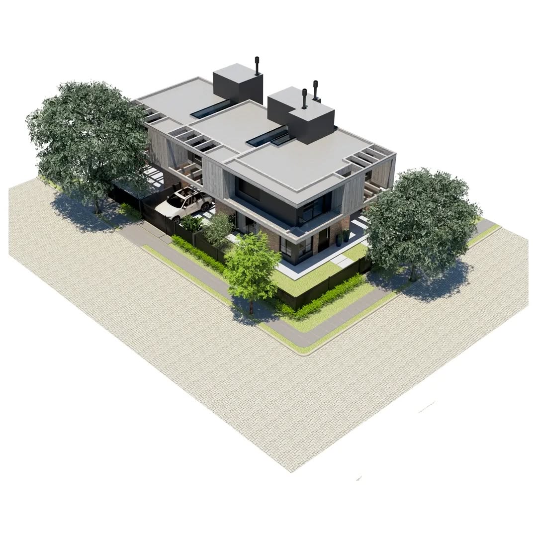 Fachada lateral de residência com madeira, tijolo e vegetação